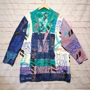 VTG V.C. Torias Jacket Womens OS Green Blue Abstract Art Artist‎ Coat 80s 90s